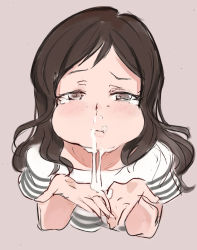  1girl blush brown_eyes brown_hair clothes cum cum_bubble cum_in_mouth cum_in_nose cum_on_hands cumdrip cupping_hands full_mouth highres idolmaster idolmaster_million_live! kitazawa_shiho long_hair looking_at_viewer looking_up own_hands_together simple_background solo striped tears toro3  rating:Explicit score:193 user:qirog