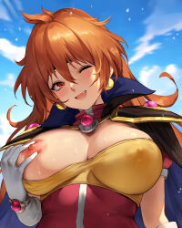  1girl ;d absurdres black_headband blue_cape blue_sky breasts cape chihunhentai cloud commentary day fang gloves hair_between_eyes headband highres large_breasts lina_inverse long_hair looking_at_viewer nipples one_eye_closed open_mouth orange_hair outdoors red_eyes sky slayers smile sweat upper_body white_gloves  rating:Questionable score:12 user:danbooru