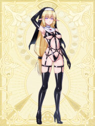 1girl blonde_hair bondage_outfit boots breasts chain_paradox cocytus_(wind_master) elbow_gloves elf garter_straps gloves habit half-closed_eyes hand_on_own_head high_heel_boots high_heels latex long_hair looking_at_viewer low-tied_long_hair medium_breasts nun pointy_ears purple_eyes shiny_clothes smile solo standing thigh_boots very_long_hair rating:Sensitive score:38 user:danbooru