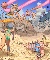  1boy 3girls ac120 ass ball bare_legs barefoot beach beach_umbrella beachball bikini black_hair blonde_hair blossom_(ppg) blue_bikini bound bound_arms bound_legs bound_torso bow breasts brown_hair bubbles_(ppg) buttercup_(ppg) closed_eyes feet from_behind gluteal_fold green_bikini hair_bow highres large_breasts long_hair lying male_swimwear monster multiple_girls on_side open_mouth outdoors pink_bikini pink_bow pink_eyes powerpuff_girls professor_utonium running sand short_hair short_twintails soles swimsuit teeth thighs twintails umbrella upper_teeth_only white_male_swimwear wide-eyed 