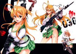 1girl absurdres antenna_hair bayonet black_thighhighs blood breasts brown_hair character_sheet cleavage female_focus gun highres highschool_of_the_dead huge_filesize long_hair miniskirt miyamoto_rei official_art panties red_eyes rifle satou_shouji school_uniform skirt smile solo standing thighhighs torn_clothes torn_skirt underwear uniform weapon white_background rating:Questionable score:37 user:arutos