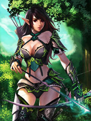  1girl armor arrow_(projectile) bikini_armor boots bow_(weapon) breasts brown_hair chaosringen cleavage elf gauntlets large_breasts long_hair looking_at_viewer midriff navel original pointy_ears red_eyes solo thigh_boots thighhighs tree weapon  rating:Sensitive score:103 user:danbooru