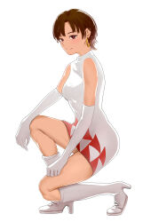 1girl absurdres bl-a-ck boots brown_eyes brown_hair closed_mouth dress earrings elbow_gloves full_body gloves high_heel_boots high_heels highres hoop_earrings jewelry knee_boots looking_at_viewer nagase_reiko namco race_queen ridge_racer short_hair simple_background sleeveless smile solo white_background white_footwear white_gloves 