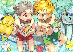  2boys 8araoniku aged_down brown_hair bulbasaur bulge colored_tongue drink exeggutor flower gen_1_pokemon goggles goggles_around_neck jewelry looking_at_another male_focus male_swimwear multiple_boys necklace orange_eyes orange_hair partially_submerged pectorals pikachu pokemon pokemon_(creature) pool shota squirtle swim_trunks tongue tongue_out topless_male vaporeon white_asparagus yellow_eyes 