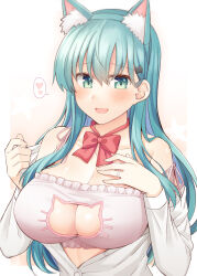 1girl animal_ear_fluff animal_ears aqua_hair blush bra breasts buttons cat_cutout cat_ears cleavage clothing_cutout collarbone commentary green_eyes hair_between_eyes hair_ornament hairclip heart jewelry kantai_collection large_breasts long_hair long_sleeves neck_ribbon open_mouth red_ribbon revision ribbon ring rui_shi_(rayze_ray) shirt smile solo spoken_heart suzuya_(kancolle) underwear upper_body wedding_ring white_bra white_shirt rating:Sensitive score:4 user:danbooru