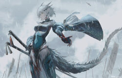  1girl animal bird black_panties blood blood_on_gloves blood_on_hands blue_dress blue_gloves blue_thighhighs breasts brown_eyes cloud cloudy_sky commentary_request covered_navel dragon_girl dragon_horns dragon_tail dress elbow_gloves fingerless_gloves gloves grey_hair hair_between_eyes highres horns katana medium_breasts original outdoors panties pelvic_curtain planted planted_sword planted_weapon rain skindentation sky solo swav sword tail thighhighs underwear weapon 