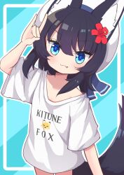  1girl :3 absurdres animal_ear_fluff animal_ears black_hair blue_background blue_eyes closed_mouth clothes_writing fang fang_out flower fox_ears fox_shadow_puppet fox_tail hair_flower hair_ornament highres looking_at_viewer original red_flower saisoku_no_yukkuri shirt short_sleeves smile solo tail white_shirt 