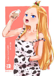  1girl absurdres animal_print blonde_hair blue_eyes blush bottle breasts character_request chocolate_milk cleavage collarbone copyright_request cow_print cowboy_shot dated hair_bun hair_ornament hairclip half_updo hand_in_pocket highres long_hair looking_at_viewer medium_breasts milk_bottle naked_overalls open_mouth original overalls shiny_skin sideboob sidelocks signature single_hair_bun straight_hair topknot tsumuji_magari_x_spring yumeno_tanuki 