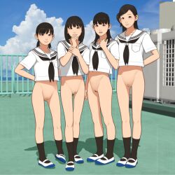  4girls arms_behind_back bandaid bandaid_on_pussy black_eyes black_hair black_neckerchief black_socks blue_sky bottomless commentary_request crop_top day female_pubic_hair full_body groin highres legs lineup looking_at_viewer medium_hair multiple_girls navel neckerchief one_side_up open_mouth original parted_lips pubic_hair pussy railing rooftop sailor_collar school_uniform serafuku shadow shinchou_ni_kansuru_kousatsu shoes short_twintails sky smile socks standing twintails white_sailor_collar 