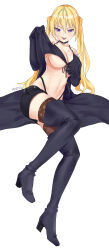  1girl absurdres areola_slip artist_name babydoll blonde_hair boots clothes_lift come_hither feet highres kndy legs lieselotte_sherlock lifting_own_clothes long_hair looking_at_viewer lying midriff naughty_face navel nipple_slip nipples no_bra on_side purple_eyes shorts smile solo teasing thighhighs thighs thong tongue tongue_out trinity_seven twintails whale_tail_(clothing) 