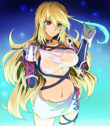  1girl ahoge breasts choker fura large_breasts long_hair microskirt midriff milla_maxwell multicolored_hair navel red_eyes see-through skirt solo strapless tales_of_(series) tales_of_xillia tube_top wet white_skirt 
