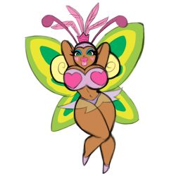 1girl antennae arms_behind_head blonde_hair breasts butterfly_wings crown curly_hair dark-skinned_female dark_skin eyeshadow facepaint feather_hair_ornament green_eyes hair_ornament headgear highres insect_wings large_breasts linda_(samba_de_amigo) makeup navel rudiequeen samba_de_amigo sega sonic_(series) thick_lips thick_thighs thighs wings  rating:Questionable score:9 user:Ggastino338