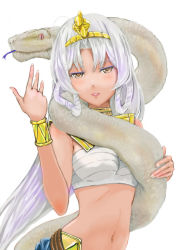  10s 1girl animal artist_request bandages bandages_around_chest brown_eyes egyptian etotama highres looking_at_viewer midriff navel parted_lips shaa-tan simple_background snake standing white_background white_hair  rating:Sensitive score:12 user:Urafaget