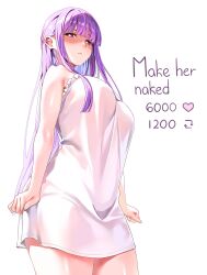  1girl absurdres arms_at_sides bare_shoulders blunt_bangs breasts bright_pupils closed_mouth commentary dress english_text fern_(sousou_no_frieren) highres large_breasts like_and_retweet long_hair looking_at_viewer looking_down machulanko meme purple_eyes purple_hair shaded_face short_dress sleeveless sleeveless_dress solo sousou_no_frieren twitter_strip_game_(meme) unamused very_long_hair white_dress white_pupils 