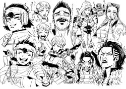  2boys 6+girls ^_^ animal animal_on_shoulder animification annoyed apex_legends ash&#039;s_rat_(apex_legends) ash_(titanfall_2) bat_(animal) bodysuit breasts choker cleavage clenched_teeth closed_eyes collarbone earrings echo_(apex_legends) eyepatch facial_hair fingerless_gloves frown gloves greyscale hand_on_own_cheek hand_on_own_face heart hooded_leotard humanoid_robot itsuko_(2jdayo) jacket jetpack jewelry loba_(apex_legends) long_hair mad_maggie_(apex_legends) medium_breasts mole mole_above_mouth monochrome mouse_(animal) multiple_boys multiple_girls mustache one_eye_covered open_mouth pathfinder_(apex_legends) rampart_(apex_legends) robot side_ponytail simulacrum_(titanfall) smile soul_patch teeth translation_request v-shaped_eyebrows valkyrie_(apex_legends) vantage_(apex_legends) white_background 