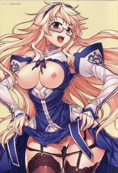  1girl absurdres black_panties blonde_hair blue_eyes blush breasts breasts_out censored dress freezing_(series) garter_straps glasses happy highres large_breasts legs long_hair looking_at_viewer nipples no_bra official_art open_mouth panties panty_pull pubic_hair pussy satellizer_el_bridget simple_background smile soo-hyon_lee standing thighhighs thighs underwear upskirt  rating:Explicit score:65 user:Kentabarou