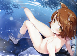  1girl animal_ears arm_support barefoot blush breasts brown_eyes brown_hair cat_ears cat_girl cat_tail chen completely_nude day earrings female_focus from_above hat unworn_hat unworn_headwear highres jewelry ke-ta loli looking_at_viewer looking_up nipples no_headwear non-web_source nude onsen outdoors pussy reclining scan short_hair single_earring sitting small_breasts smile snowing soaking_feet solo tail thigh_gap touhou water  rating:Explicit score:354 user:danbooru
