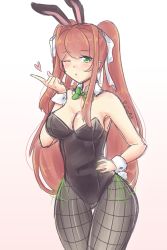  1girl absurdres alternate_costume alternate_hairstyle animal_ears blowing_kiss blush breasts brown_hair cleavage covered_navel doki_doki_literature_club fake_animal_ears green_eyes hair_ribbon hand_on_own_hip heart highres large_breasts long_hair looking_at_viewer monika_(doki_doki_literature_club) one_eye_closed pantyhose playboy_bunny rabbit_ears raionart ribbon solo thick_thighs thighs twintails wink  rating:Sensitive score:35 user:spk