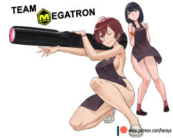  2girls apron breasts cannon earrings fusion_cannon grey_eyes gridman_universe hair_between_eyes jewelry long_hair medium_breasts megatron mother_and_daughter multiple_girls naked_apron one_eye_closed scrunchie shoes short_hair sideboob ssss.gridman takarada_rikka takarada_orie transformers weapon wrist_scrunchie  rating:Questionable score:22 user:GiovanniHunter