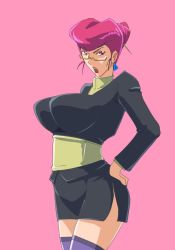 10s 1girl breasts cowboy_shot earrings formal glasses hair_bun hands_on_own_hips jewelry looking_at_viewer miniskirt perky_breasts pink_background pink_eyes pink_hair purple_thighhighs red_lips scarlet_(space_dandy) semi-rimless_eyewear short_hair side_slit simple_background single_hair_bun skirt skirt_suit solo space_dandy suit supi_(inner_map) tagme thighhighs under-rim_eyewear  rating:Questionable score:25 user:4efds