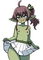  1girl :d ahoge alternate_species aqua_eyes breasts brown_hair collarbone colored_skin commentary contrapposto fangs female_goblin goblin green_skin hololive ink_(inksgirls) long_hair long_pointy_ears miniskirt natsuiro_matsuri natsuiro_matsuri_(1st_costume) navel nipples open_mouth petite pleated_skirt pointy_ears side_ponytail sidelocks skirt skirt_hold small_breasts smile solo topless virtual_youtuber white_skirt  rating:Questionable score:53 user:danbooru