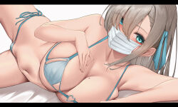  1girl aqua_eyes asuna_(blue_archive) bikini blue_archive blue_bikini blue_ribbon breasts brown_hair collarbone commentary_request eyes_visible_through_hair hair_ribbon highres large_breasts letterboxed long_hair looking_at_viewer lying mask mole mole_on_breast mouth_mask navel on_side ratsuku_kinoko ribbon side-tie_bikini_bottom simple_background solo swimsuit white_background 