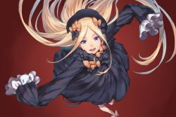  1girl abigail_williams_(fate) blonde_hair blue_eyes dress essual_(layer_world) fate/grand_order fate_(series) from_above hair_ribbon hat long_hair long_sleeves looking_at_viewer open_mouth red_background ribbon solo spinning  rating:Sensitive score:8 user:danbooru