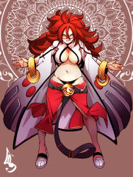  1girl absurdres alternate_costume android_21 bell belt black_panties blazblue bracelet breasts brown_hair capri_pants cheunchin cleavage cosplay dragon_ball dragon_ball_fighterz full_body glasses grin hair_between_eyes highres jewelry kokonoe_(blazblue) kokonoe_(cosplay) lab_coat large_breasts long_hair long_sleeves looking_at_viewer messy_hair midriff navel panties pants parody red_hair red_pants slippers smile solo standing stomach underwear unzipped whale_tail_(clothing) zipper  rating:Sensitive score:53 user:AngryZapdos