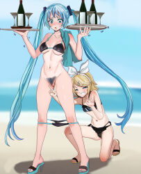  2girls :o aqua_hair aqua_nails aruman assisted_exposure beach bikini bikini_pull black_bikini blonde_hair blue_eyes blue_sky blurry blurry_background bottle bow breasts censored clothes_pull cloud cocktail_glass colored_shoe_soles commentary cup double_v drinking_glass female_pubic_hair full_body furrowed_brow grin hair_bow hair_ornament hairband hairclip half-closed_eyes hands_up hatsune_miku high_heels highres holding holding_tray horizon kagamine_rin large_breasts long_hair looking_at_viewer looking_down mosaic_censoring multiple_girls navel ocean on_one_knee outdoors paid_reward_available presenting_another pubic_hair pulling_another&#039;s_clothes pussy sandals sky small_breasts smile standing swept_bangs swimsuit tan tanline towel_on_one_shoulder tray trembling twintails v variant_set very_long_hair vocaloid white_bow white_hairband wine_bottle  rating:Explicit score:101 user:danbooru