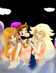 1boy 2girls blush breasts censored cleavage convenient_censoring covering_breasts covering_privates earrings facial_hair hair_over_breasts happy jewelry lowres luigi mario_(series) medal mixed-sex_bathing multiple_girls mustache night nintendo nude nude_cover one_eye_closed onsen pimp princess princess_daisy princess_peach shared_bathing smile smirk super_mario_bros._1 super_mario_land water wink rating:Questionable score:9 user:Furio