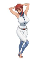  1girl absurdres alien arms_behind_head bare_arms barefoot belt blush bodysuit breasts commentary curvy english_commentary green_eyes highres kiva large_breasts lips megas_xlr naughty_face nutro open_mouth purple_lips red_hair science_fiction teeth toned white_background 
