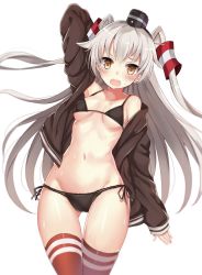  10s 1girl amatsukaze_(kancolle) arm_behind_head bikini black_bikini blush breasts brown_dress brown_eyes dress hair_tubes harimoji highres kantai_collection long_hair looking_at_viewer navel open_clothes open_mouth red_thighhighs sailor_dress short_dress silver_hair solo striped_clothes striped_thighhighs swimsuit thighhighs two_side_up  rating:Questionable score:19 user:NovelsFan