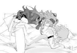  2girls all_fours arm_strap blush bottomless breath checkered_hairband chinese_commentary collarbone collared_shirt commentary_request dress ear_blush fingering fingering_from_behind gloves greyscale hair_bun highres long_hair looking_at_another monochrome multiple_girls pillow reverse:1999 shirt single_side_bun sonetto_(reverse:1999) spot_color super_zenggg trembling two_side_up vertin_(reverse:1999) yuri 