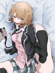  1boy 1girl absurdres arms_behind_back ball_gag bdsm bed bed_sheet bondage bound breasts brown_eyes brown_hair gag gagged highres ibitsu_ms imminent_rape isshiki_iroha light_brown_hair looking_at_viewer lying male_hand medium_breasts medium_hair on_back on_bed pillow pov pov_hands school_uniform socks soles solo_focus spread_legs tears teeth toes yahari_ore_no_seishun_lovecome_wa_machigatteiru. 