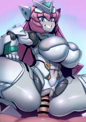  1boy 1girl absurdres android blue_eyes bondage_outfit boots breasts colored_skin dominatrix girl_on_top grey_skin headgear highres huge_breasts joints long_hair mecha_musume metal_skin navel penis pink_hair pussy revealing_clothes robot robot_joints robot_neoanthropinae_polynian roza_(polynian) sex shiny_skin skindentation solo_focus spread_legs teeth thigh_boots tukiwani  rating:Explicit score:20 user:danbooru