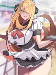  1girl absurdres alternate_costume apron blonde_hair blurry blurry_background bow bowtie breasts cowboy_shot creatures_(company) curvy cynthia_(pokemon) enmaided frilled_skirt frills game_freak grey_eyes hair_ornament hair_over_one_eye highres holding holding_tray large_breasts long_hair looking_at_viewer maid maid_apron maid_headdress nintendo open_mouth pokemon pokemon_dppt puffy_short_sleeves puffy_sleeves red_bow red_bowtie shirosuke short_sleeves skirt solo thighs tray very_long_hair white_apron wide_hips 