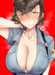  1girl absurdres alternate_costume aoshidan_school_uniform arm_behind_head blue_shirt breasts brown_hair cleavage collared_shirt commentary frown girls_und_panzer green_eyes grimace half-closed_eyes highres koyama_harutarou large_breasts long_hair looking_at_viewer partially_unbuttoned pompadour red_background school_uniform shirt short_sleeves solo spanish_flag steam suspenders sweat yuri_(girls_und_panzer)  rating:Sensitive score:6 user:danbooru
