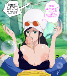  1boy 1girl absurdres black_hair breasts glasses hetero highres huge_breasts huge_penis licking long_hair monkey_d._luffy nico_robin nipples one_piece paizuri paizuri_under_clothes penis pov saliva uncensored  rating:Explicit score:51 user:Ons