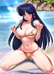  1girl bare_shoulders bikini blue_eyes blue_hair breasts check_commentary cleavage collarbone commentary_request day dirty_pair earrings highres jewelry large_breasts long_hair looking_at_viewer navel ocean open_mouth outdoors oyaman photo_background pulled_by_self shiny_skin sitting solo stomach swimsuit teeth thighs upper_teeth_only wariza water yellow_bikini yuri_(dirty_pair)  rating:Sensitive score:23 user:danbooru