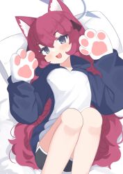  1girl absurdres animal_ear_fluff animal_ears animal_hands anma21 black_shorts blue_archive blue_halo blue_hoodie blush cat_ears fake_animal_ears feet_out_of_frame gloves grey_eyes hair_between_eyes halo hands_up highres hood hoodie iroha_(blue_archive) knees_up long_hair long_sleeves looking_at_viewer lying on_back open_mouth paw_gloves paw_pose pillow red_hair shorts simple_background solo very_long_hair wavy_hair white_background 