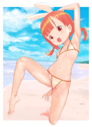  1girl :d animal_ears barefoot beach bikini blush border feet female_focus flat_chest hair_ornament hairclip loli low_twintails navel ocean open_mouth orange_hair original outdoors rabbit_ears short_twintails smile solo swimsuit tamerai_zero toes twintails white_border  rating:Questionable score:41 user:Dweenie