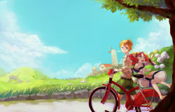  1boy 1girl bicycle blonde_hair blue_sky clain_(fractale) day dress flower fractale grass green_shorts hair_flower hair_ornament hill moyuvvx nessa_(fractale) outdoors red_hair rock sandals scenery short_hair shorts sky tree twintails walking windmill 
