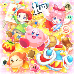  1up :d ? adeleine arms_up artist_name beret blue_eyes blue_socks blush blush_stickers boned_meat brown_eyes brown_footwear brown_hair candy canvas_(object) closed_mouth collared_shirt commentary_request crystal dress easel fairy fairy_wings food fur-trimmed_jacket fur-trimmed_sleeves fur_trim green_shirt grey_skirt hair_ribbon hat holding holding_paintbrush holding_palette invincible_candy jacket king_dedede kirby kirby_(series) kirby_64 lollipop long_sleeves looking_at_viewer maxim_tomato meat ninjya_palette nintendo one_eye_closed onigiri open_clothes open_jacket open_mouth paintbrush palette_(object) parted_bangs pink_background pink_hair pixiv_id plaid plaid_background popsicle red_dress red_headwear red_jacket red_ribbon ribbon ribbon_(kirby) sandwich shirt shoes short_hair simple_background skirt smile socks star_(symbol) star_in_eye swirl_lollipop symbol_in_eye twitter_username waddle_dee watermark wings yellow_footwear 