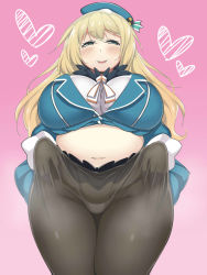 10s 1girl atago_(kancolle) blonde_hair blue_eyes blush breasts hat highres huge_breasts kantai_collection long_hair looking_at_viewer navel plump smile solo sumemako thick_thighs thighs rating:Questionable score:16 user:leejunne