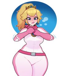  1girl blonde_hair blue_eyes breasts curvy dabble formal highres large_breasts lipstick makeup mario_(series) mario_kart mario_kart_wii nintendo princess_peach solo suit thighs undressing wide_hips 