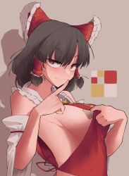  1girl absurdres bandages benikurage_(cookie) black_hair bow breasts cookie_(touhou) finger_to_mouth hair_bow hair_tubes hakurei_reimu highres index_finger_raised large_breasts looking_at_viewer odoro_(nicoseiga81184094) pasties red_eyes shirt short_hair sideboob simple_background sleeveless sleeveless_shirt smile smug solo standing touhou white_sleeves  rating:Questionable score:21 user:Randomguy710