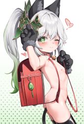 1girl absurdres animal_ears animal_hands backpack bag black_thighhighs blush collar commentary_request fake_animal_ears female_focus flat_chest genshin_impact gloves gradient_background gradient_hair green_background green_eyes green_hair grey_hair heart highres huge_filesize leash loli long_hair looking_at_viewer mannack multicolored_hair nahida_(genshin_impact) nipples one_eye_closed partial_commentary paw_gloves pointy_ears polka_dot polka_dot_background ponytail randoseru red_collar solo symbol-shaped_pupils thighhighs white_background yuka_(user_vmfz5583) rating:Questionable score:179 user:danbooru