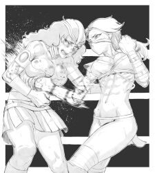  2girls boxing_ring catfight commission fighting monochrome mortal_kombat_(series) multiple_girls pixiv_commission punching rggr skarlet stomach_punch 