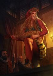 1girl bard blonde_hair brown_footwear candelabra candlestand european_clothes gwent_(game) hat_feather highres instrument music night non-web_source official_art playing_instrument shoes tavern the_witcher_(series) rating:General score:7 user:danbooru