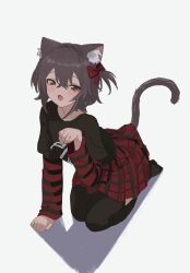  1girl absurdres animal_ears arm_support black_shirt black_thighhighs bow brown_eyes brown_hair cat_ears cat_girl cat_tail hair_bow hair_intakes hand_up high-waist_skirt highres kgt_(pixiv12957613) layered_shirt leaning_forward long_sleeves looking_at_viewer miniskirt no_shoes one_side_up original paw_pose plaid plaid_skirt pleated_skirt print_shirt red_bow red_shirt red_skirt seiza shadow shirt shirt_tucked_in short_hair sidelocks simple_background sitting skirt solo striped_clothes striped_shirt tail thighhighs two-tone_shirt white_background 